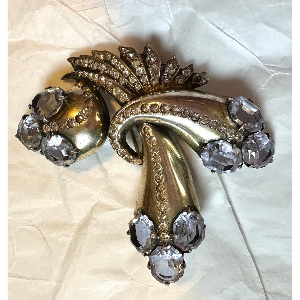 Eisenberg Original Sterling Silver  Blue & Crystal Rhinestone Art Deco‎ Clip